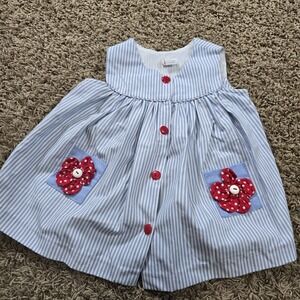 VTG Blue White Striped Sleeveless Dress Red Button‎ Down Pockets Flowers Sz 24M